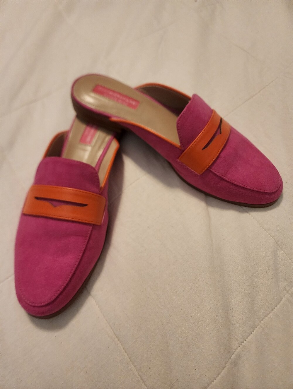 Isaac Mizrahi Women’s Pink Suede Slip-On Loafers with Orange Accent 9M